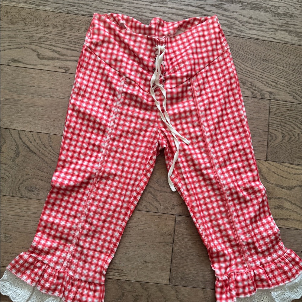 Women’s Red Gingham Print Pants with Lace Trim